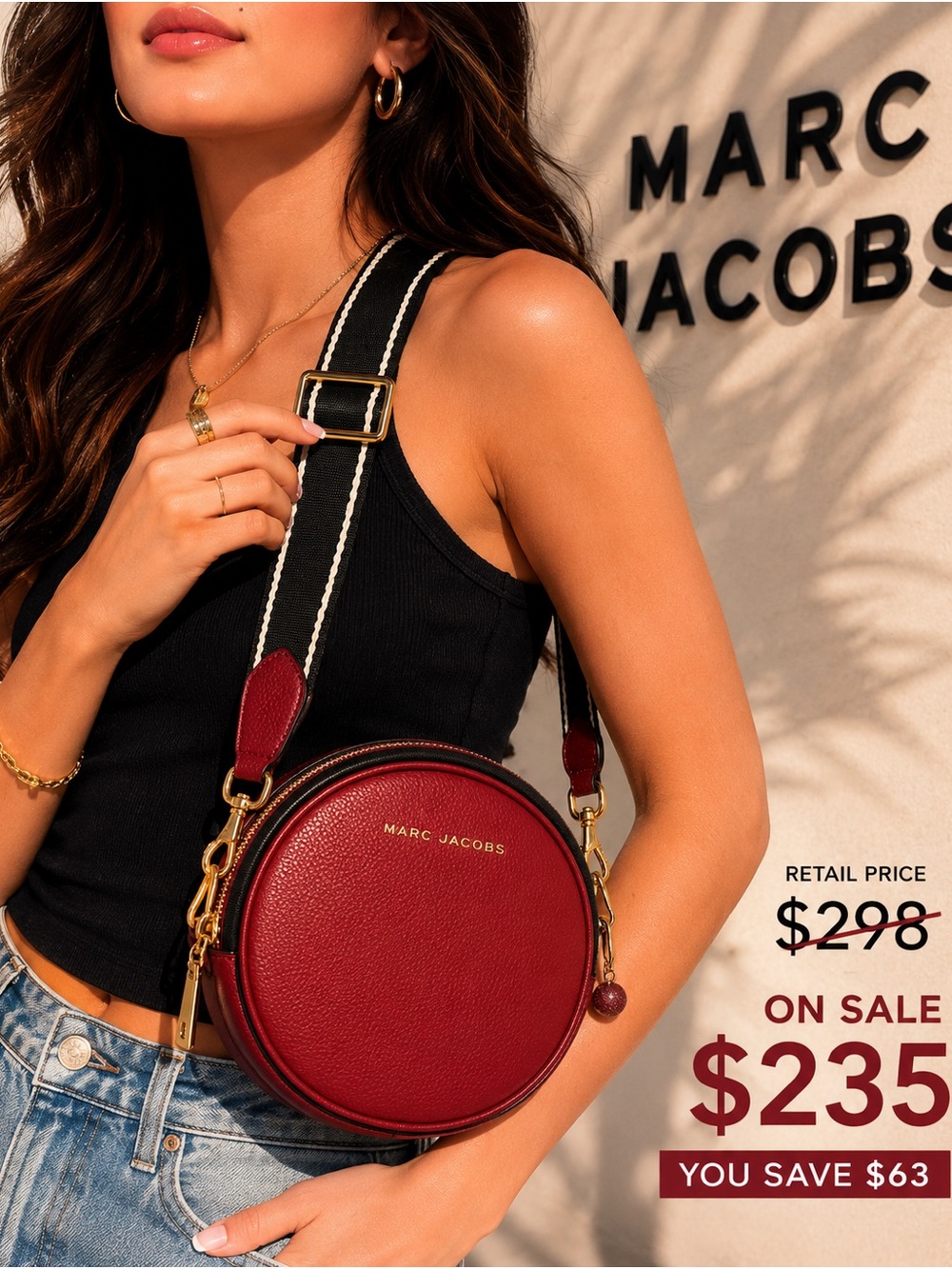 Marc Jacobs Round Leather Crossbody in Deep Red with Black Strap